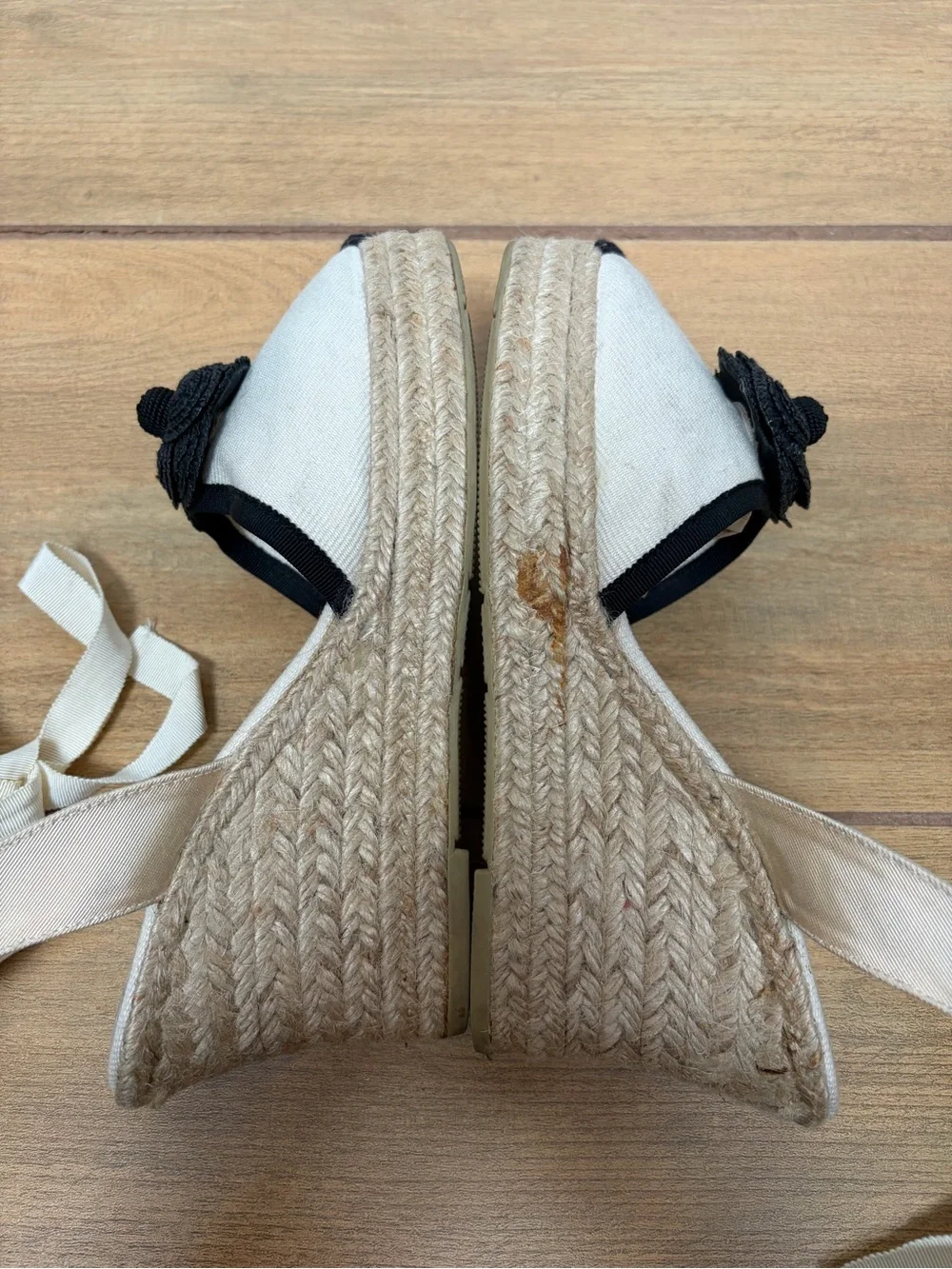 Chanel Cream and Black Camellia Flower Espadrille Wedges Ballerina Ribbon Ties